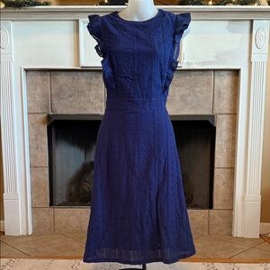 Ruffle Detail Navy Blue Midi Dress with Lace Details Lined Large